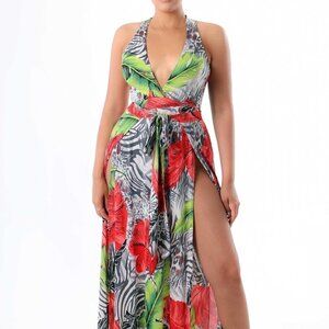 SEXY Wrap Style V neck Belted Sleeveless Maxi